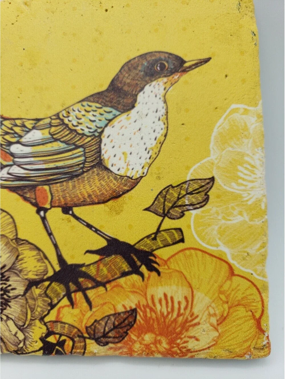 Vintage PPD Tile Trivet Bird Sparrow Flowers Golden Yellow Rustic Ceramic